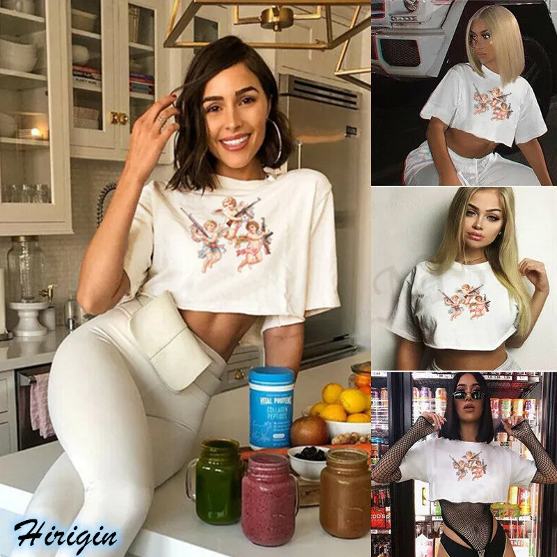 

Summer Women T-Shirts 2019 New Summer Women Casual Short Sleeve O-Neck Loose Angel Print Short T-Shirts