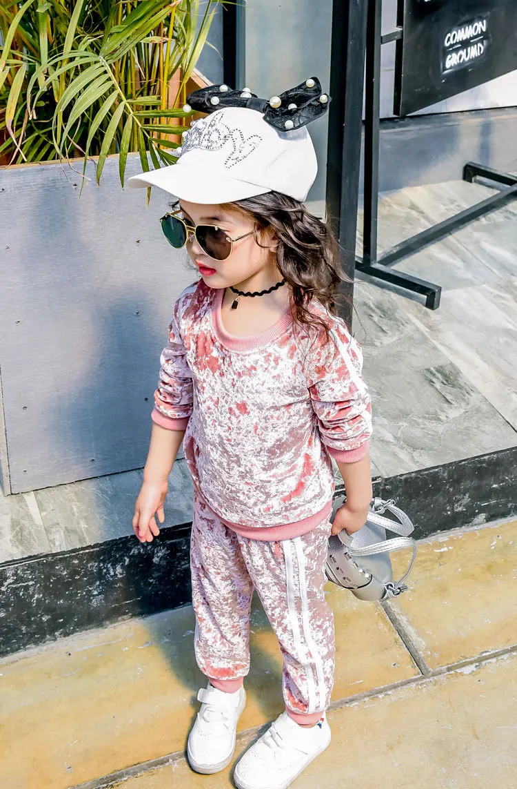 Girls  Clothing Set  Pink Velvet Cashmere Suit Set Long Sleeve Pullover+ Pants Sportswear Baby Girls Sports Clothes Active Suits (5)