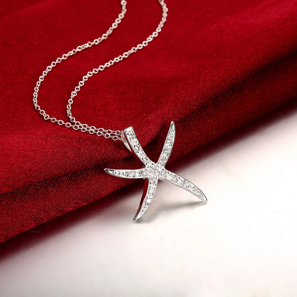 Moda 925 Plata pura plateado Starfish COLLAR COLGANTE con piedra CZ cristal para las mujeres joyería complementos de mujer Moda 925 Plata pura plateado Starfish COLLAR COLGANTE con piedra CZ cristal para las mujeres joyería complementos de mujer