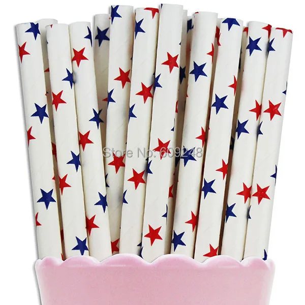 

100pcs Mixed Colors Blue Red Star Paper Straws, July 4th Cheap Colorful Party Supplies Printed Paper Drinking Straws Bulk
