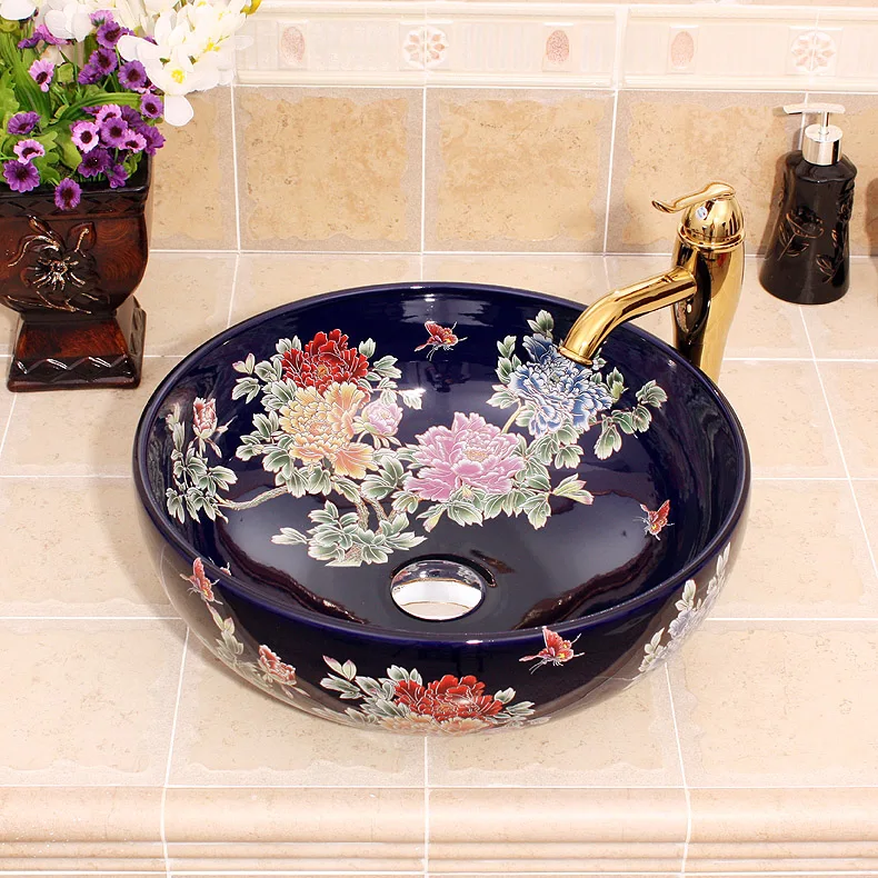China Painting peony Ceramic Art Basin Sinks Counter Top Wash Basin Bathroom Vessel Sinks Vanities jingdezhen bathroom washbasin  (10)