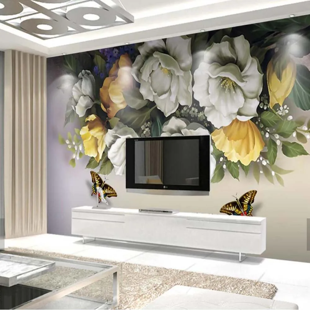 

European Retro 3D Rose Flower Butterfly Wall Papers Photo Wallpaper Murals for Living Room Papier Peint Mural 3d Floral Mual