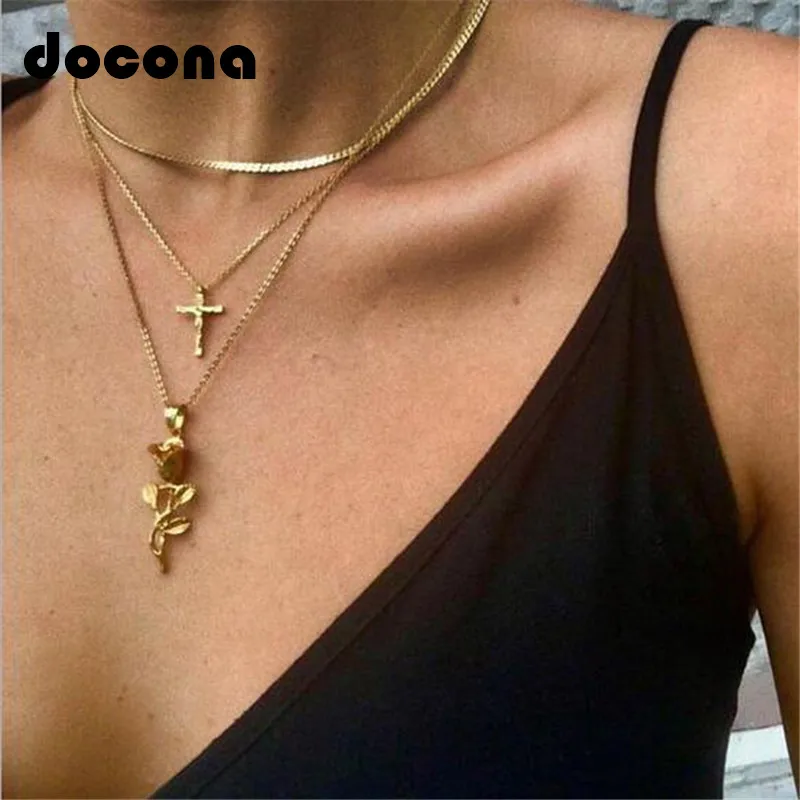 

Docona Bohemian Gold Color Cross Flower Pendant Necklace for Women Girl Boho Charms Layered Necklaces Jewelry Collar 4418