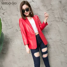 Шило GO кожаная куртка женская летняя мода Овчина натуральная кожа пальто V образным вырезом с длинным рукавом Офисная Леди OL пальто красный черный