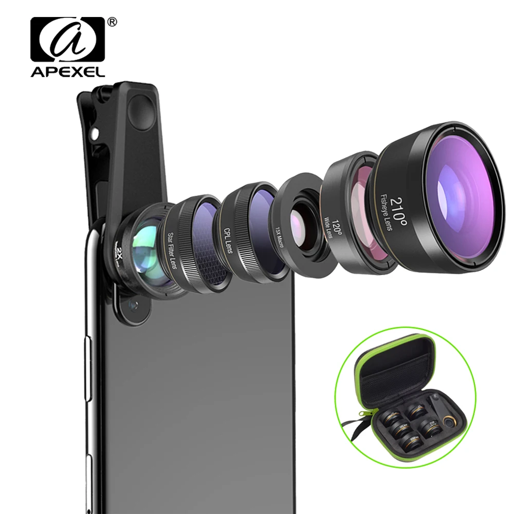 

APEXEL Luxury 6in1 Wide Angle Phone Lens for iPhone Universal Macro Lens Fish Eye CPL/Star Filter &2X Telescope for Smartphones
