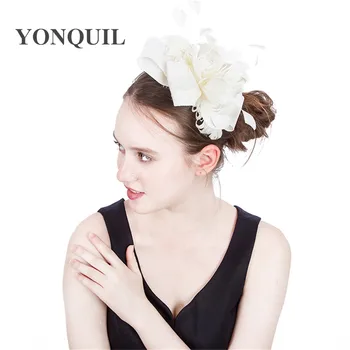 

Imitation sinamay Fascinator Hats ivory bridal Wedding Hats 16colors Women Fancy kentucky derby Cocktail hat with feather flower