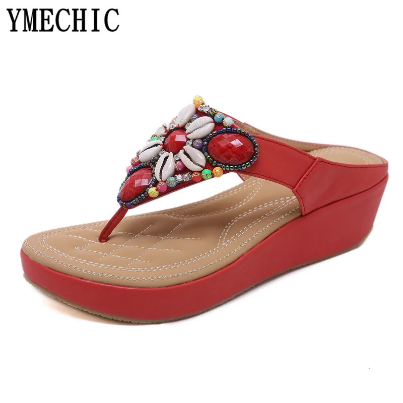 Женские пляжные шлепанцы YMECHIC на танкетке повседневные с кристаллами и бусинами