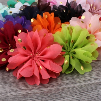 

30pcs/lot 7.5cm 24colors Fluffy Ballerina Chiffon Ornaments Fabric Flowers With Gold Dot For Hair Accessories Decorative Gift