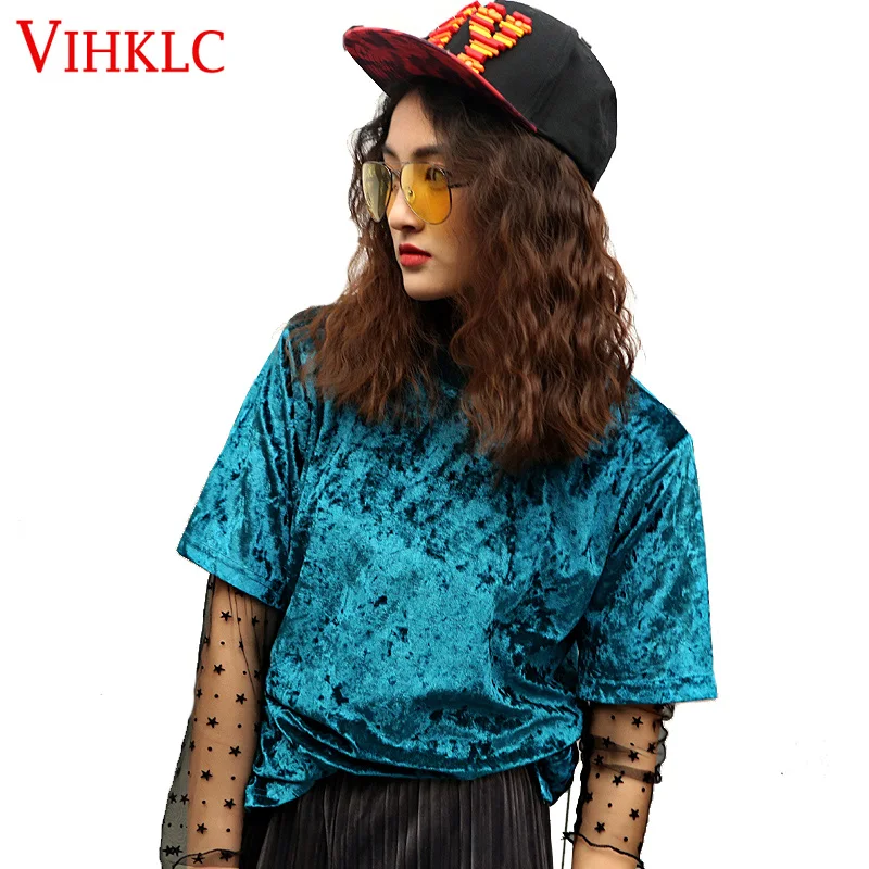 

2017 New Spring Summer T-shirt Women's T Shirts Tops Velvet T-shirt Short Sleeve Solid Color Women Tee Shirts harajuku A191