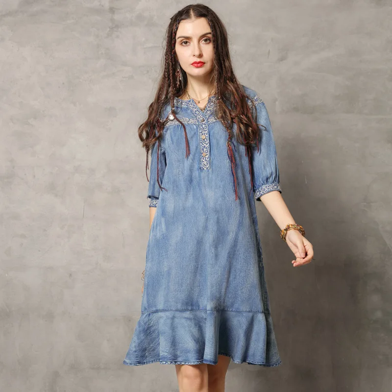 Summer Denim Dresses Women Retro Solid Color Embroidery Half Butterfly Sleeve Button Vintage Female Knee-Length Falbala Dresses Summer Denim Dresses Women Retro Solid Color Embroidery Half Butterfly Sleeve Button Vintage Female Knee-Length Falbala Dresses