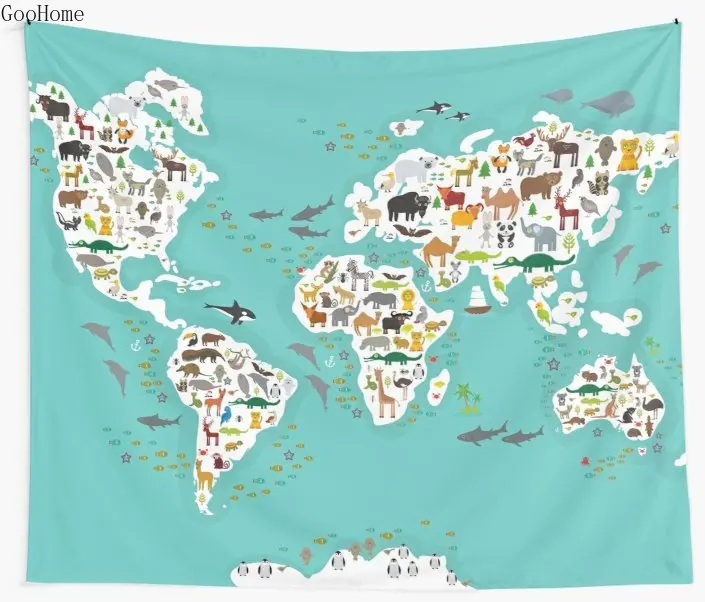 

Cartoon animal world map for children and kids Wall Tapestry Beach Towel Polyester Blanket Yoga Shawl Mat