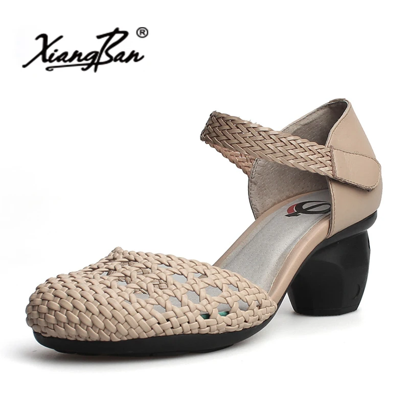 

Xiangban Ankle-Wrap High Heels Sandals Mary Jane Vintage Shoes Hand-woven Hollow Baotou Female Sandals Beige