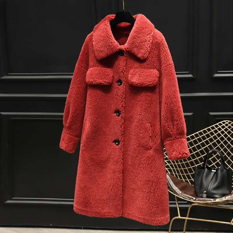 Толстая теплая натуральная шерсть шуба женская Длинная зимняя куртка женская парка Женская овечья меховая шуба уличная одежда Меховая куртка женская - Цвет: Grapefruit red