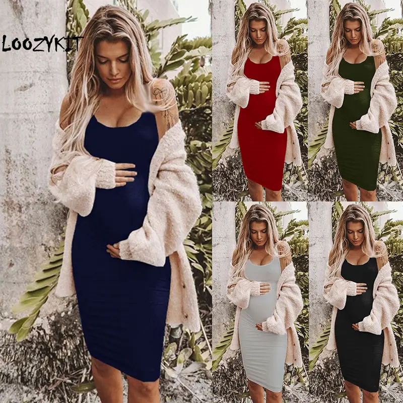 

Loozykit Maternity Dresses Sleeveless Pregnancy Clothes Casual Summer Dresses Pregnant Mama Knee-length Black Dress Wine Red