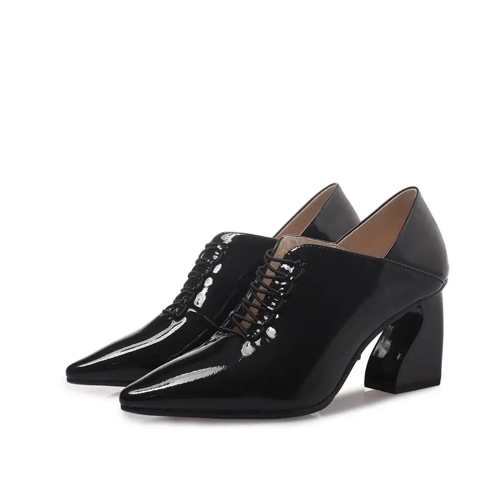 KRAZING POT/ Весна Натуральная кожа Брендовая обувь; женские туфли на высоком толстом каблуке с острым носком; Праздничная обувь в деловом стиле L36 - Цвет: Черный