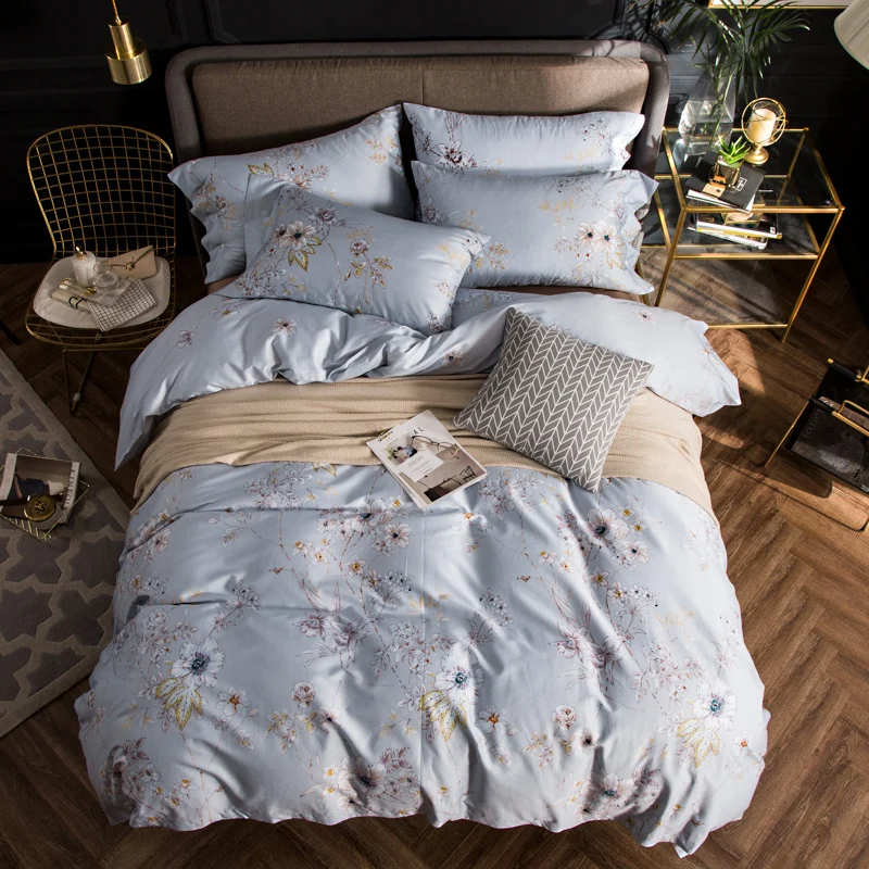 

2018 White Flowers Light Grey Bedding Set 4Pcs Queen King Size Egyptian Cotton Fabric Duvet Cover Flat Sheet Pillow Cases