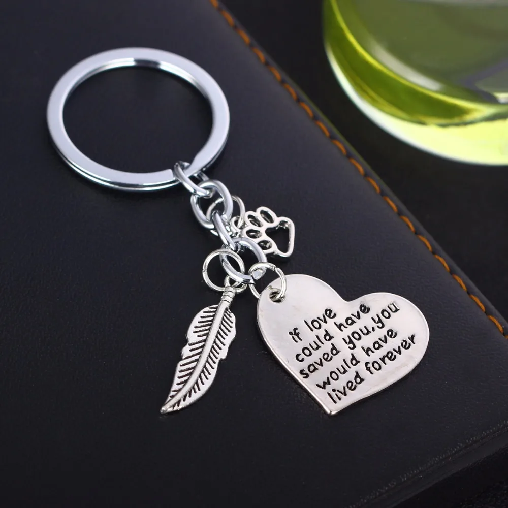 

Hollow Paw Print Dog Cat Pet Loss Memorial Keychain Keyring Feather Charm Pendant Key Chain If Love Could Have Saved You Heart