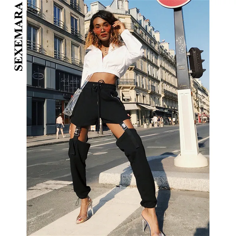 

BOOFEENAA High Waist Hollow Out Buckle Black Pants Women Fashion Streetwear Joggers Trousers Fall 2019 Sexy Sweatpants C80-AD53