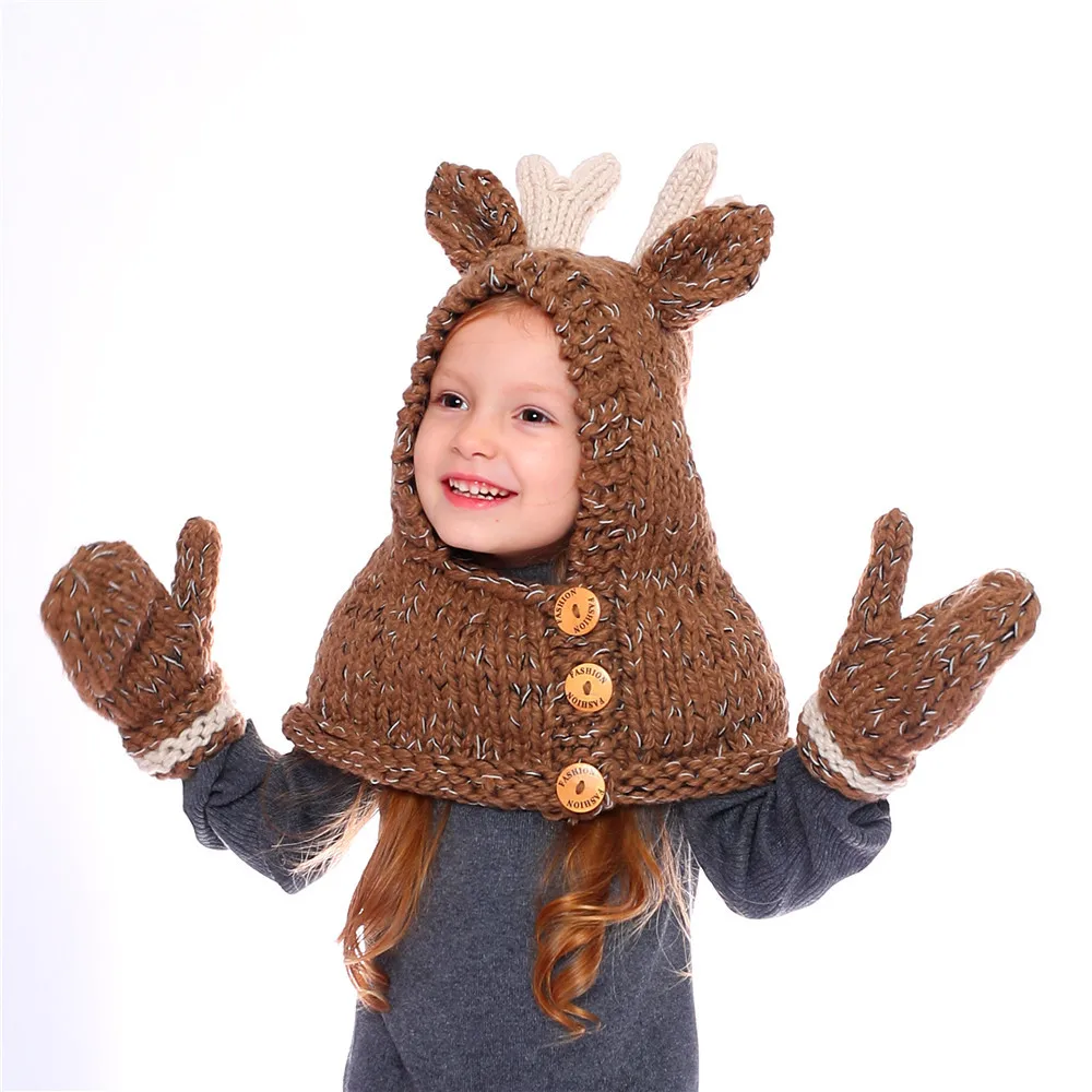 Cute cartoon children's handmade crochet hat elk knit hat warm scarf gloves hat elk cape cap