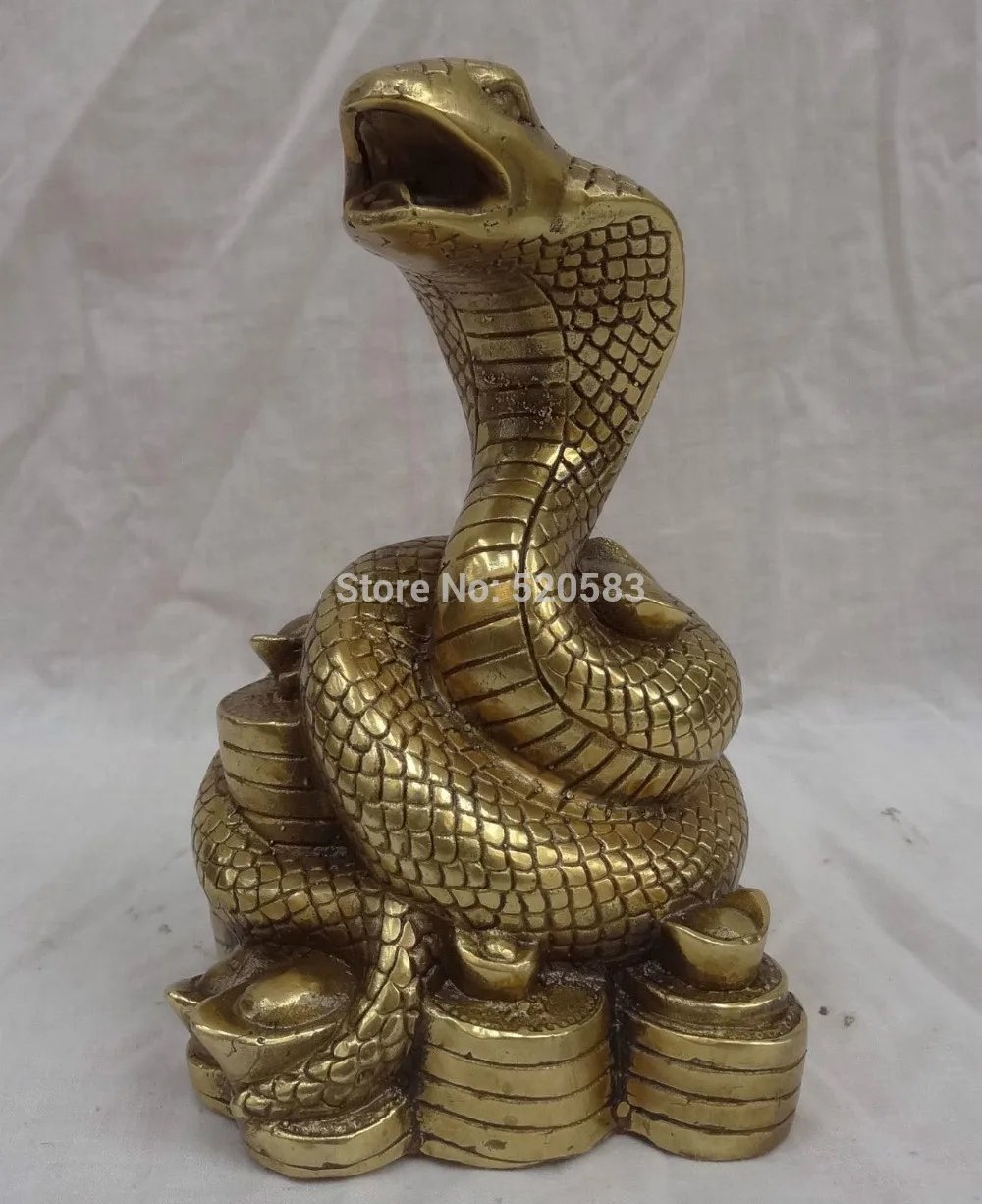 

Chinese Year Zodiac Brass Treasure Sculpture Cobra Coin Yuan Bao Statue