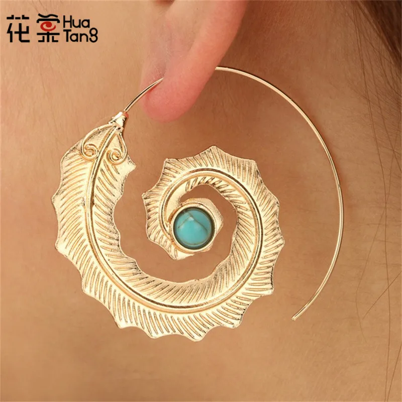 

HuaTang Punk Spiral Leaf with Green Rhinestone Drop Earrings for Women Gold Silver Color Circle Piercing Earring Oorbellen 5836