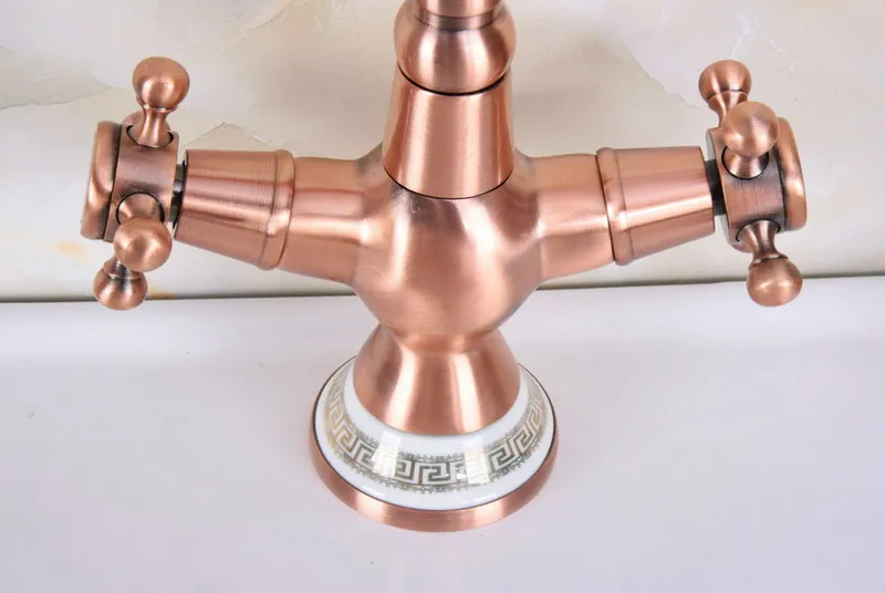 Antique Red Copper Brass Dual Cross Handles Bathroom Kitchen Basin Sink Faucet Mixer Tap Swivel Spout Deck Mounted mnf621