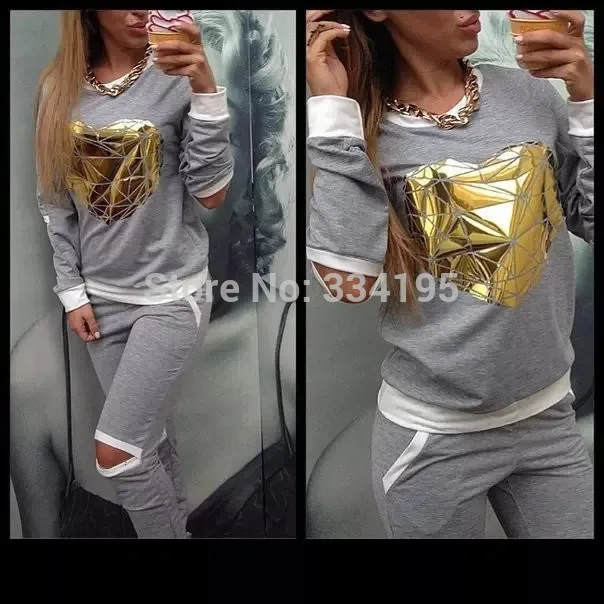 

woman's tracksuit brand sweatshirt+pants one set woman's clothing gray sports suit golden heart tracksuits ports costumes
