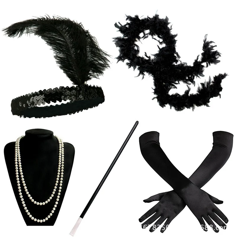 

5Pcs/Set Retro Feather Headband Imitation Pearl Necklace Tobacco Stem Long Golves Feather Scarf Makeup Party Decoration