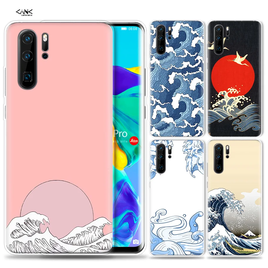 

Case for Huawei P30 P20 P10 P9 Mate 10 20 Lite Pro Mobile Cell Phone Bag P Smart Z 2019 Plus Wave Art Japanese Green Illust P8 P