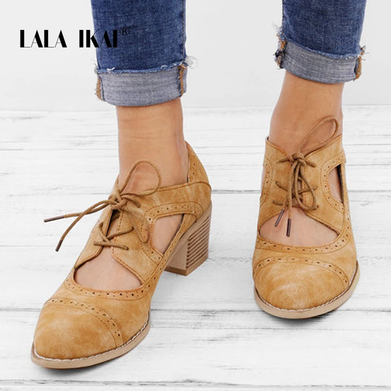 

LALA IKAI Women PU Leather Middle Heel Pumps Lace-up Cross-tied Round Toe Retro Spring Autumn Shoes Female 014C3292-4