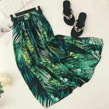 

New Summer Green Print Skirt plant print long skirts for women boho style side split elegant long skirts women patchwork skirts