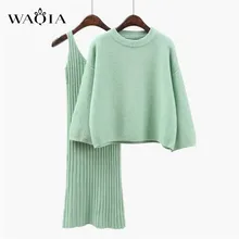 WAQIA 2018 סתיו Womans סוודר + Straped שמלת סטים מוצק נשי מזדמן שתי-חתיכות חליפות Loose סוודר לסרוג מיני שמלת חורף(China)