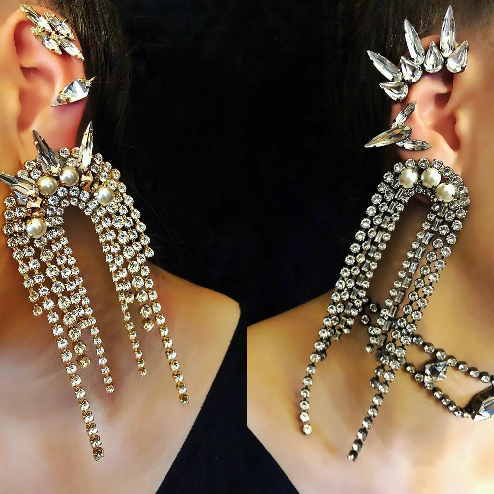 

Best lady Luxury Glass Crystal Fringed Drop Earrings for Women Elegant Simulated Pearls Wedding Statement Earings Shiny Jewelry