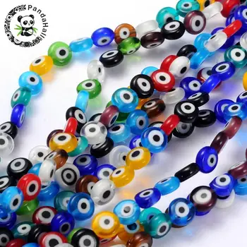 

8mm Handmade Lampwork Beads Evil Eye Flat Round Mixed Color about 8mm in diameter, 4mm thick, hole: 1mm, about 50pcs/strand