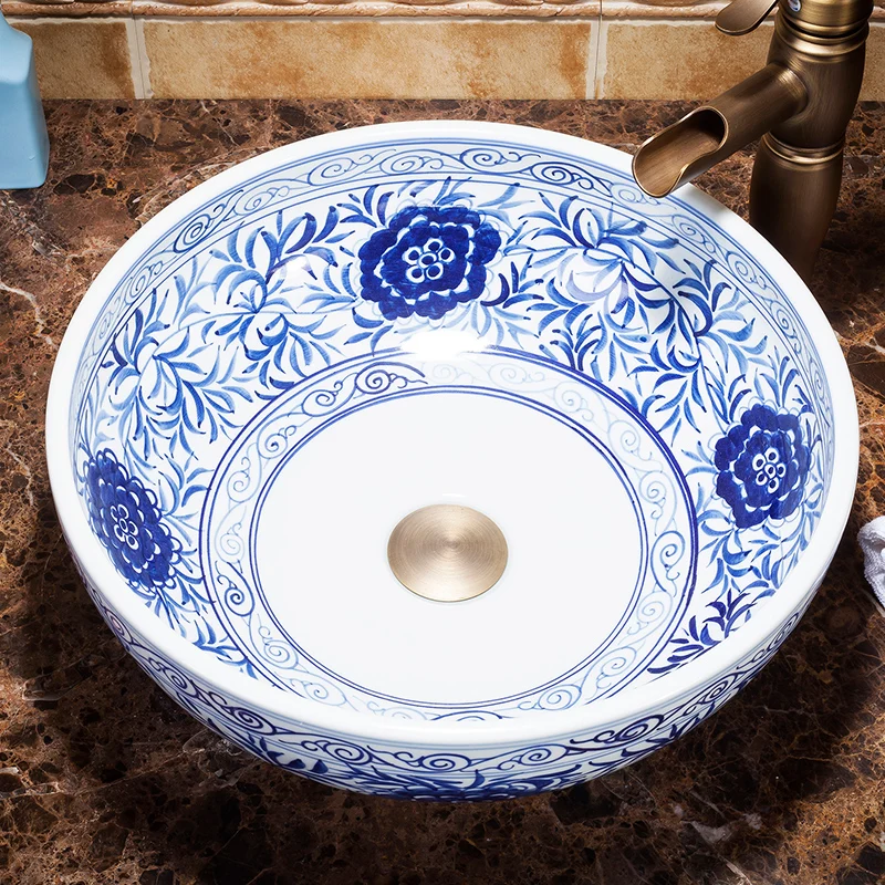 Blue And White China Artistic Handmade Ceramic wash basin Lavobo Round Counter top ceramic wash basin bathroom sinks (3)