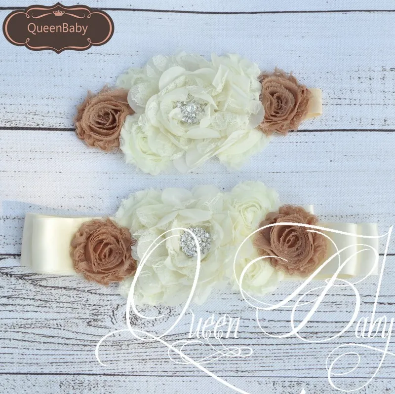 

1Set/lot Ivory Baby Girls Sash Macthing Headband Shabby Flower Photography Props Kidocheese