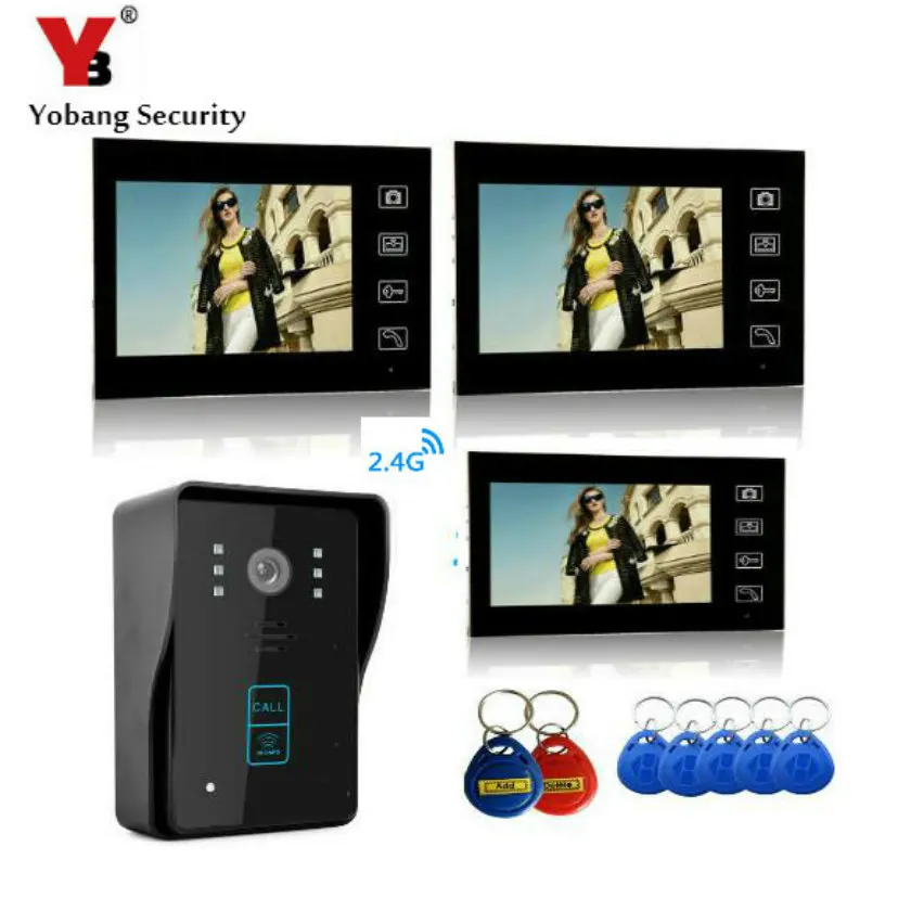 

YobangSecurity 2.4G 7" TFT LCD Wireless Video Door Phone Doorbell Wireless Phone Intercom 1camera 3 Monitor With RIFD Keyfobs