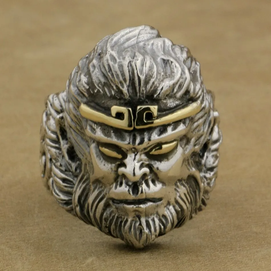 

925 Sterling Silver Chinese Monkey King WuKong Ring Mens Biker Punk Style 9M018A