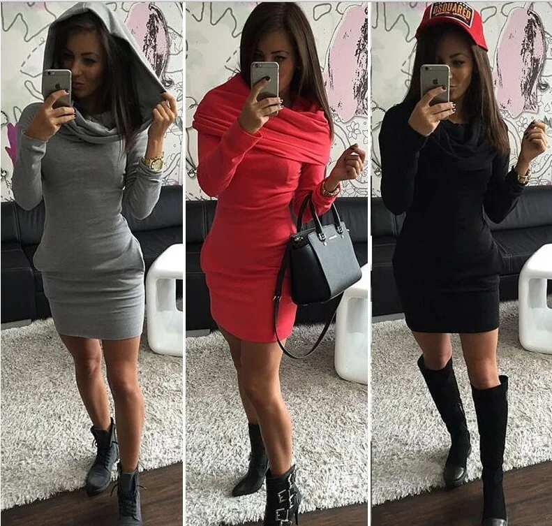 

style Europe and American style winter and autumn solid hooded woman high street sheath long sleeve body con mini female dresses