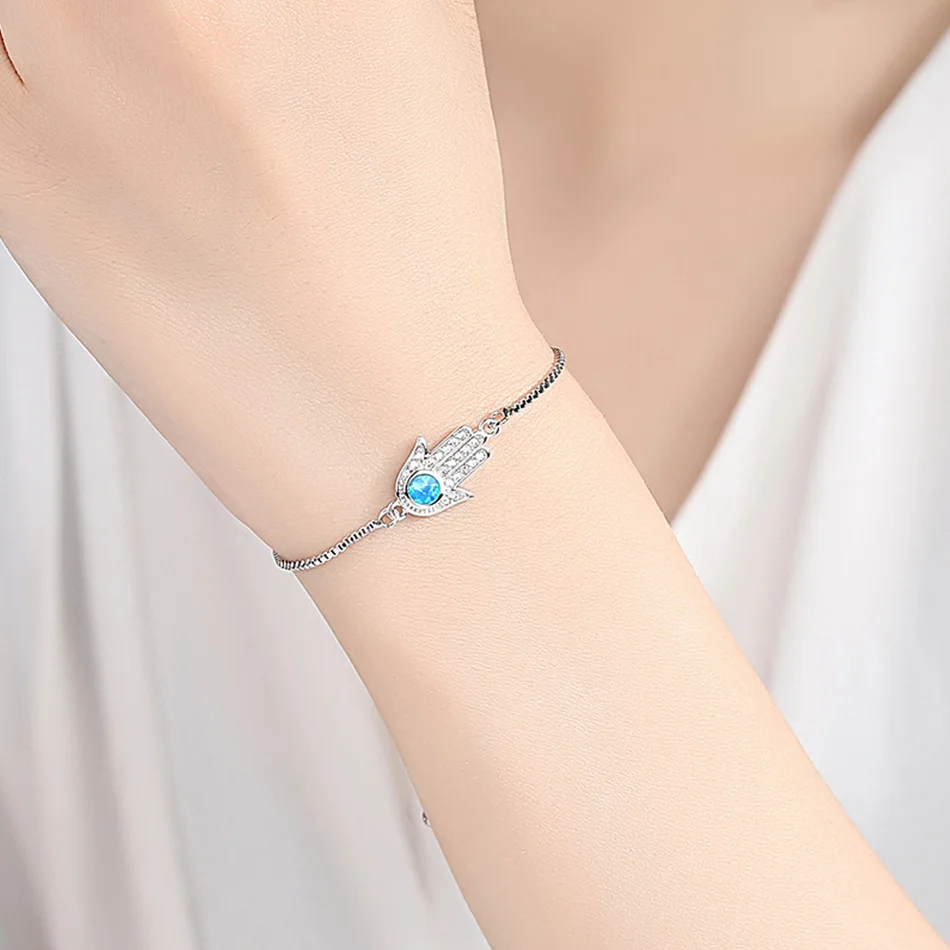 ELESHE Adjustable Trendy Silver Chain Bracelet with CZ Zircon Blue Eye Hamsa Hand Charm Bracelets for Women Wedding Jewelry