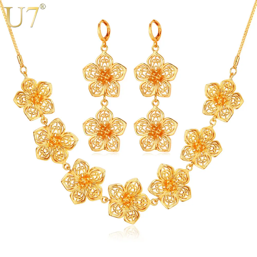 

U7 Indian Flower Jewelry Set Gold Color Trendy Party Long Earrings Charms Necklace Set For Women Gift S686