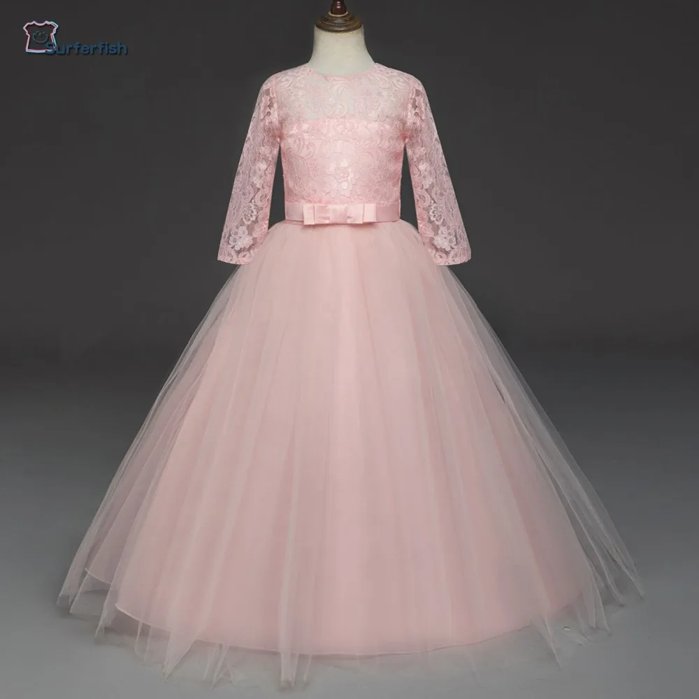 

Surferfish girls Children Dress Long sleeve Party Holiday Wedding Wear Formal Dress Tulle Lace Big Girls Valentine's Party Wear