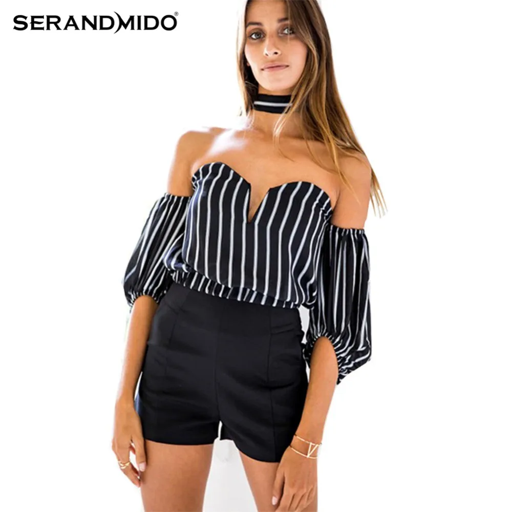 Mujeres de Slash Cuello de La Raya Del Hombro Crop Tops