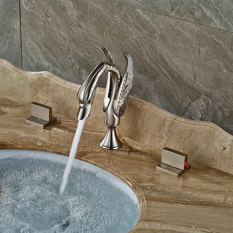 Two Square Handles Swan Lavatory Sink Basin Faucet Brushed Nickel Deck Mounted Mixer Taps