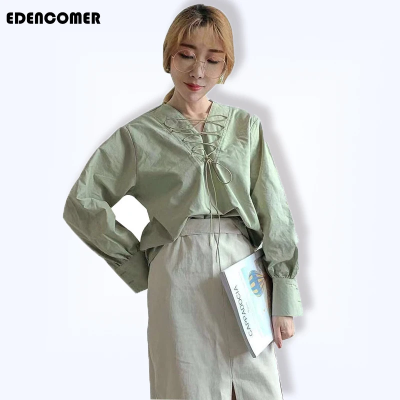 

EDENCOMER 2019 New Spring Wear Design with V-collar Shirts Office Lady Cotton and Hemp Pure Color Shirt Women Long Sleeve Tops