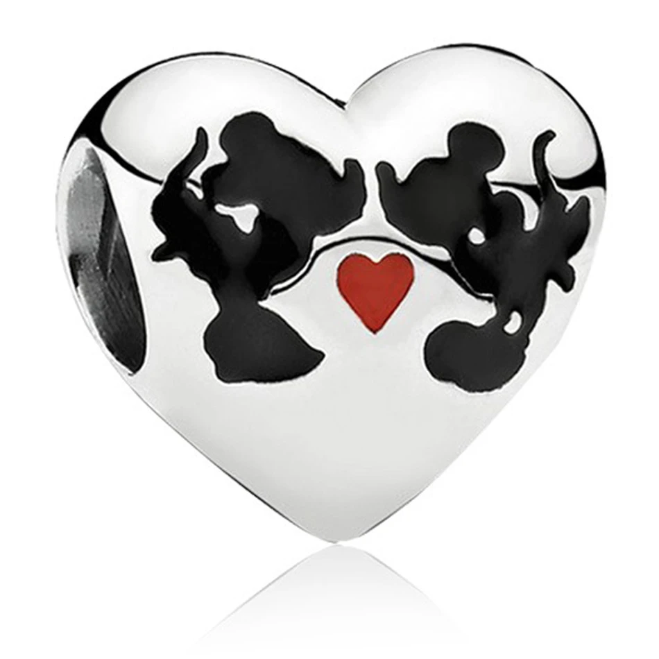 Для женщин DIY ювелирных изделий Fit браслет Pandora Модные украшения эмаль сердце мультфильм Мышь поцелуй 1 шт. посеребренные бусины