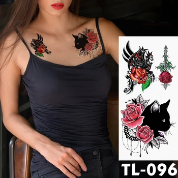 

Water Transfer Black cat red lace rose Temporary Tattoo Sticker totem Pattern body art Waterproof Fake Flash Tattoo for women