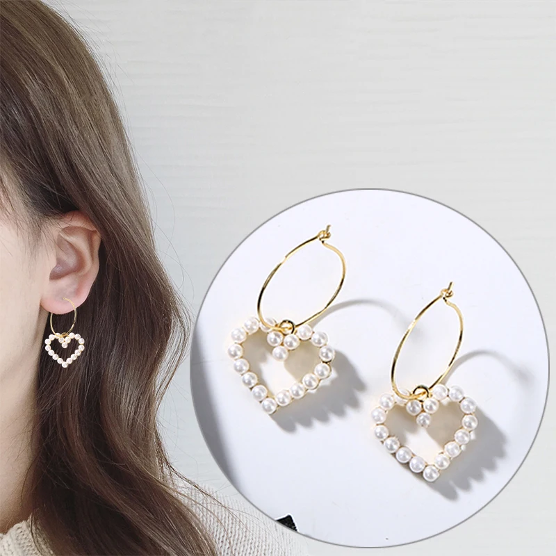 

Cute Fashion Geometry Hoop Earrings for Women Girls Simulated Pearls Round Circle Sleeper Love Heart Earrings Jewelry Gift