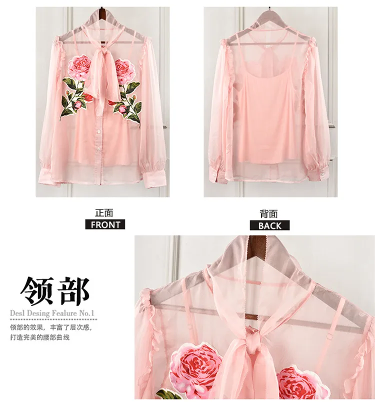 Дизайнерские Роскошные Рубашки для женщин с принтом роз, прозрачные розовые шифоновые блузки, топы