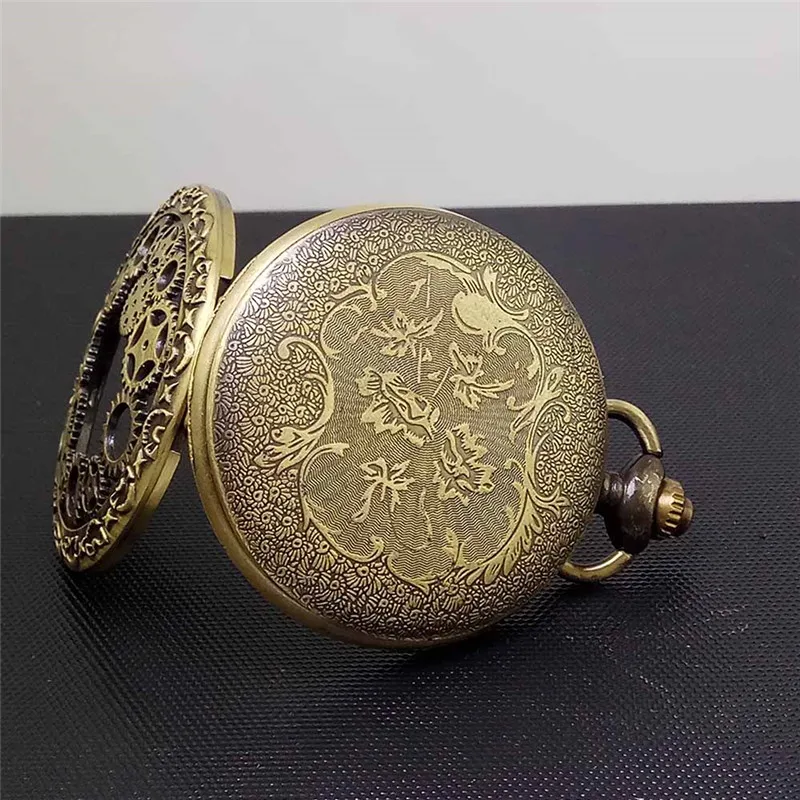 Стимпанк кварцевые карманные часы винтажные бронзовая шестеренка полые ожерелье кулон часы с цепочкой Мужские Женские подарки